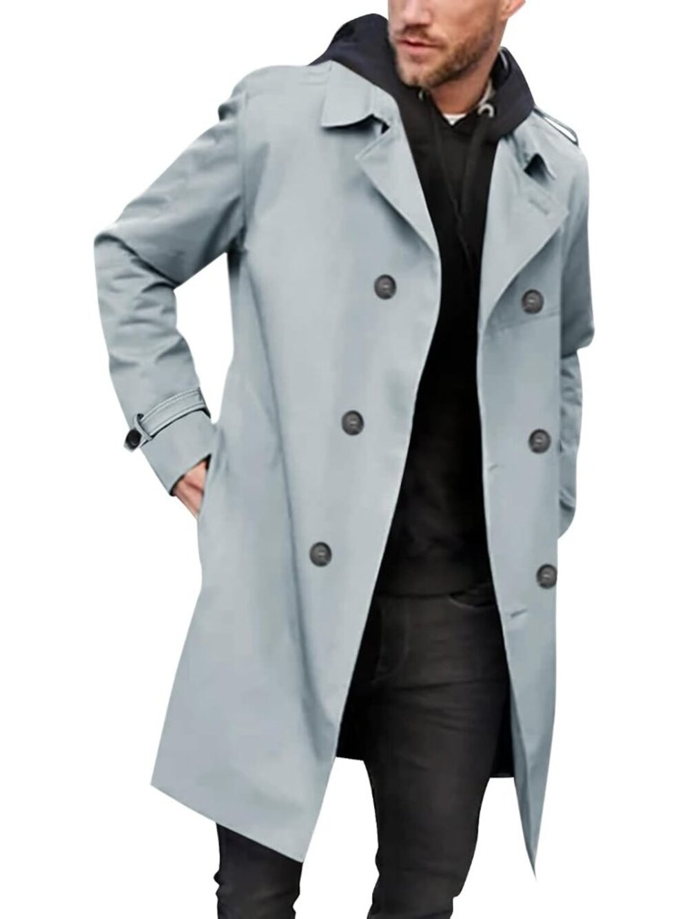 Mens Light Grey Double Breasted Trench Coat Notched Lapel Slim Fit Long Overcoat
